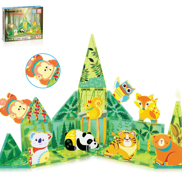 PicassoTiles 26 Piece Forest Animal Magnet Tile Set