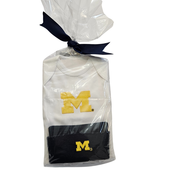 U of M Newborn Tee and Knit Cap Gift Set- White/Blue